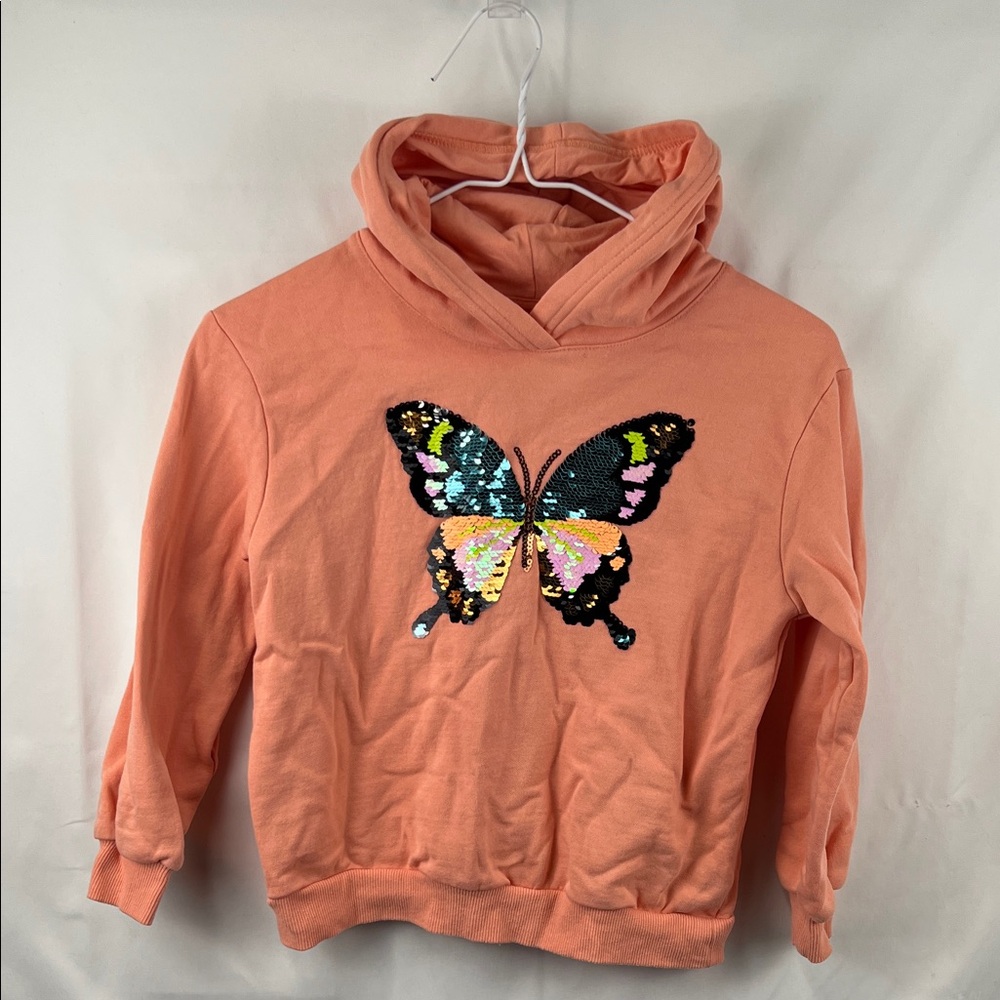 H&M - Girl’s Sweatshirt - Orange - Sequin Reversible Butterfly - Size 7 - Hood